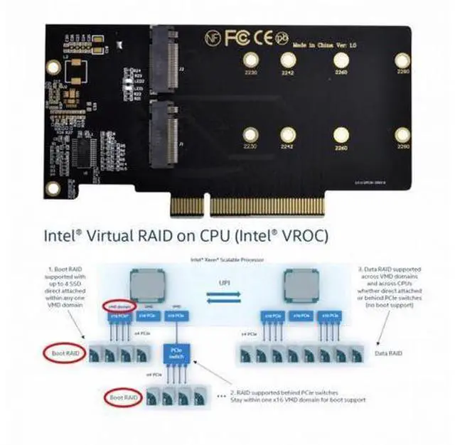 Alt view image 5 of 7 - Dual 2X NVME M.2 AHCI to PCIE Express 3.0 Gen3 X8 X16 Raid Card VROC Raid0 Hyper Adapter SA-024-NV001