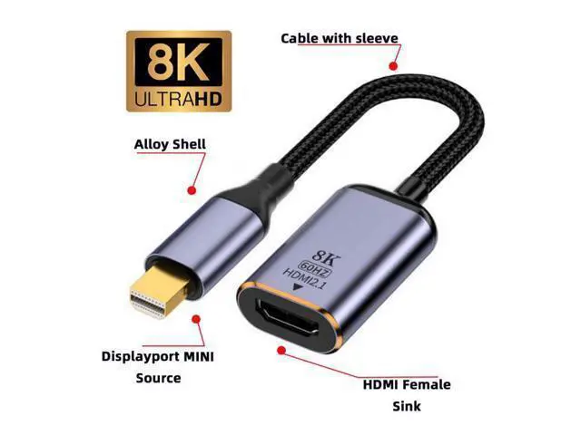 Alt view image 4 of 7 - Mini DisplayPort 1.4 Source to HDMI 2.0 Display 8K 60hz UHD 4K MINI-DP to HDMI Female Monitor Adapter Cable