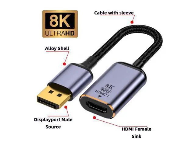 Alt view image 4 of 7 - DisplayPort 1.4 Source to HDMI 2.0 Display 8K 60hz UHD 4K DP to HDMI Female Monitor Adapter Cable