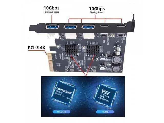 Alt view image 3 of 7 - 10Gbps Three Type-A USB3.0 Back Panel Socket & Dual USB3.1 Type-C USB-C to PCI-E Express Card Adapter ASM3142 VL822 UC-083-5P