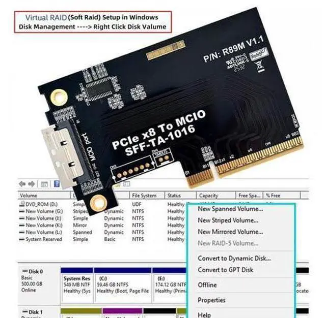 Alt view image 3 of 7 - External MCIO 8i Mini Cool Edge IO SFF-TA-1016 to PCIE5.0 PCI-Express 8x VROC Adapter for Mainboard SSD Graphics Card SF-086-MC05