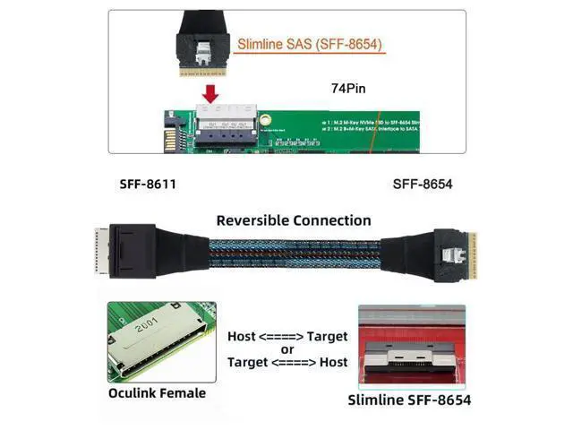 Alt view image 3 of 7 - Oculink PCIe PCI-Express SFF-8611 8i to SFF-8654 8i 8x Slimline SSD Data Active Cable 50cm