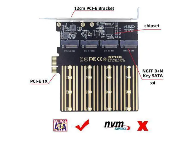 Alt view image 7 of 7 - Four SATA NGFF Key B+M SSD to PCI-E 1x Mainboard Desktop Adapter Converter SSD Card ASM1064 2280