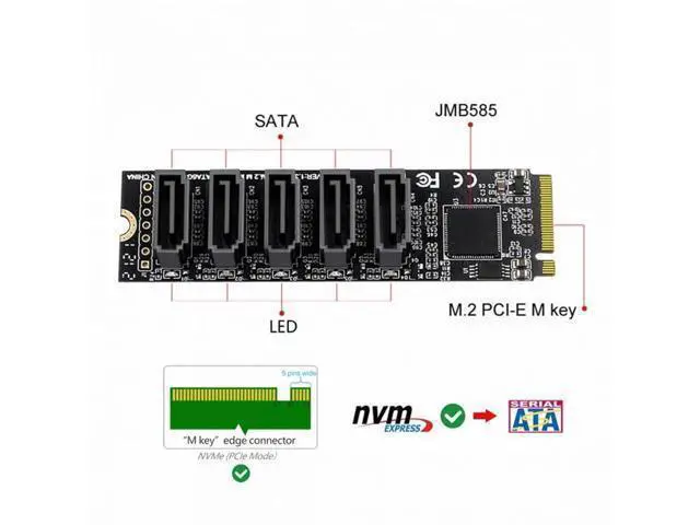 Alt view image 3 of 7 - NGFF NVME M-Key PCI Express to SATA 3.0 6Gbps 5 Ports Adapter Converter Hard Drive Extension Card JMB585 2280 SA-004-5P
