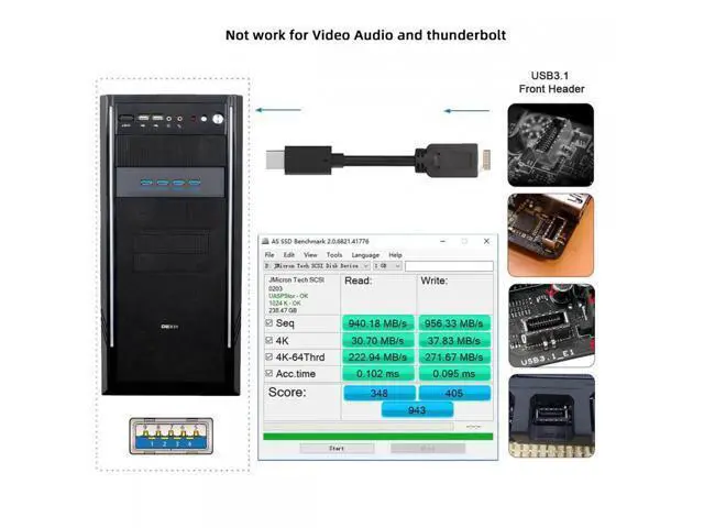 Alt view image 7 of 7 - 10Gbps USB 3.1 Type-A HUB 4 Ports Front Panel to Motherboard Type-E Connector Cable 10Gbps for 5.25" CD-ROM Bay Tray U3-032-AF