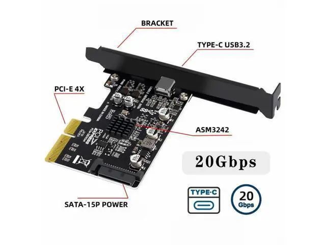 Alt view image 2 of 7 - USB 3.2 Gen2 Type-C 20Gbps USB-C to PCI-E 4X Express Card Adapter for Desktop Motherboard UC-104-CF