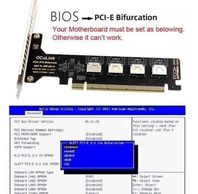 Alt view image 2 of 7 - PCI-Express 4.0 PCIE 16x Detachable to Four Oculink SFF-8612 SFF-8611 Internal VROC Raid0 Adapter for U.2 SSD eGPU External Graphics Card Dock SF-057-OC04