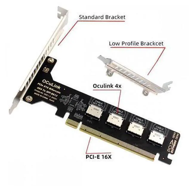 Alt view image 5 of 7 - PCI-Express 4.0 PCIE 16x Detachable to Four Oculink SFF-8612 SFF-8611 Internal VROC Raid0 Adapter for U.2 SSD eGPU External Graphics Card Dock SF-057-OC04