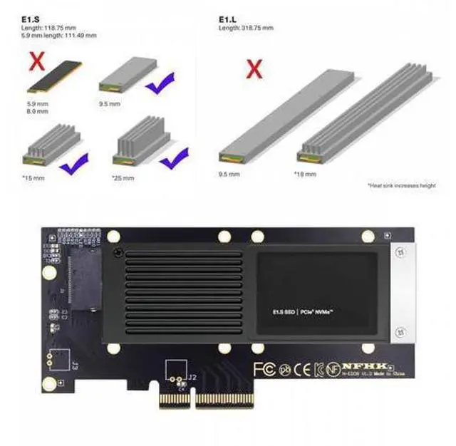 Alt view image 2 of 7 - PCI-E 4.0 4X Host Adapter to NVMe Ruler 1U GEN-Z EDSFF 9.5mm 15mm 25mm Thickness Short SSD E1.S with Heat Sink PM9A3 PM9D3 P5801X Carrier Adapter SF-036-PM