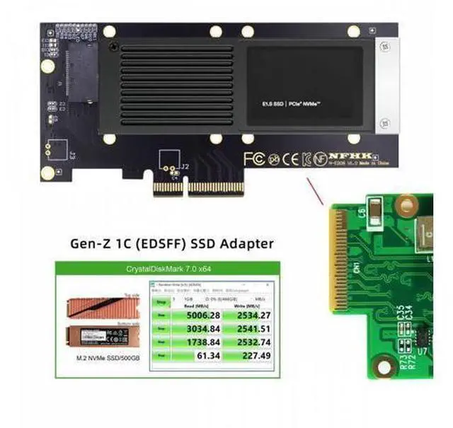 Alt view image 4 of 7 - PCI-E 4.0 4X Host Adapter to NVMe Ruler 1U GEN-Z EDSFF 9.5mm 15mm 25mm Thickness Short SSD E1.S with Heat Sink PM9A3 PM9D3 P5801X Carrier Adapter SF-036-PM