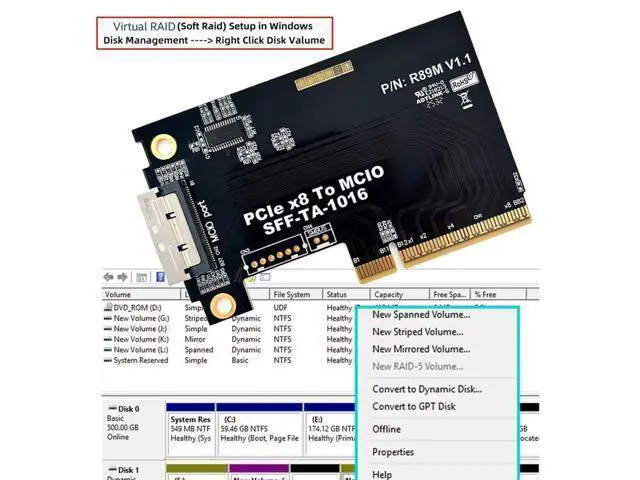 Alt view image 3 of 7 - External MCIO 8i Mini Cool Edge IO SFF-TA-1016 to PCIE5.0 PCI-Express 8x VROC Adapter for Mainboard SSD Graphics Card
