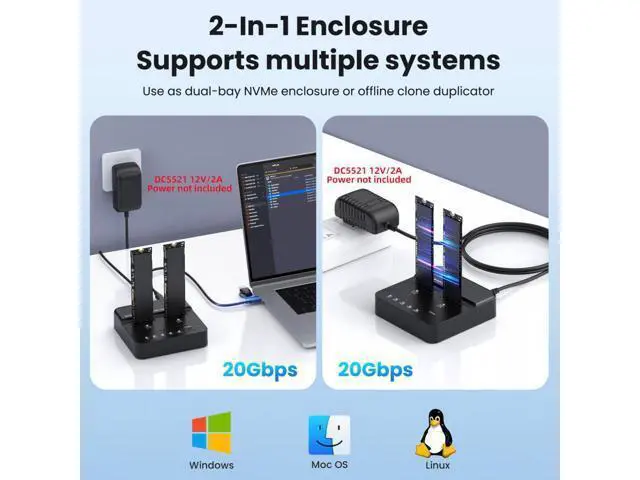 Alt view image 4 of 7 - NVME M.2 NGFF M-Key Cloner Dual-Bay to Type-C USB-C One-Click Offline Clone Backup Enclosure 20Gbps Hyper Vertical Duplicator UC-111-20G+DC12V