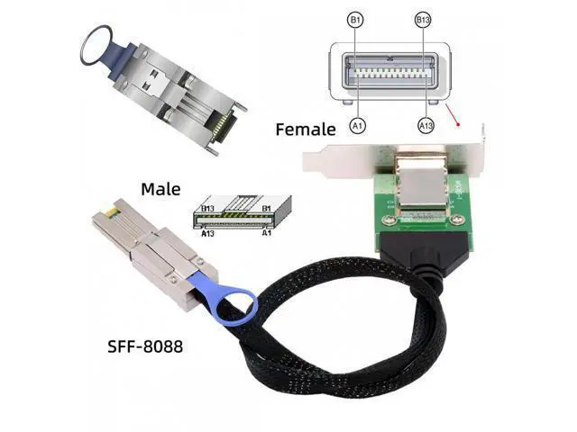 Alt view image 6 of 7 - External Mini SAS SFF-8088 Male to SFF-8088 Female Extension Cable PCBA With Low Profile Bracket SF-083-26PIN