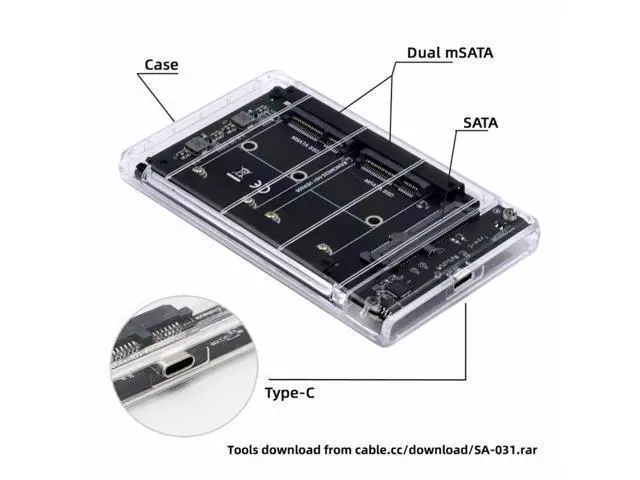 Alt view image 7 of 7 - Dual MSATA Mini-SATA SSD Card JBOD Raid0 Span Bridge to USB3.0 Type-C USB-C 2.5inch SATA Combo Enclosure SA-049+UC-079-WH