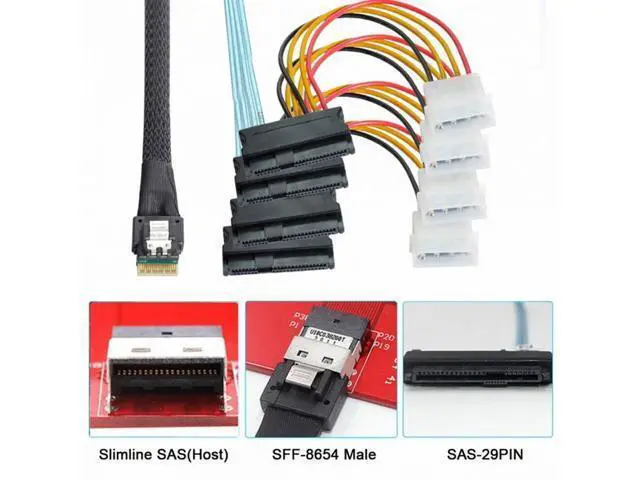 Alt view image 6 of 7 - Slimline SAS 4.0 SFF-8654 4i 38pin Host to 4 SAS 29pin SFF-8482 Target Hard Disk Fanout Raid Cable SF-047