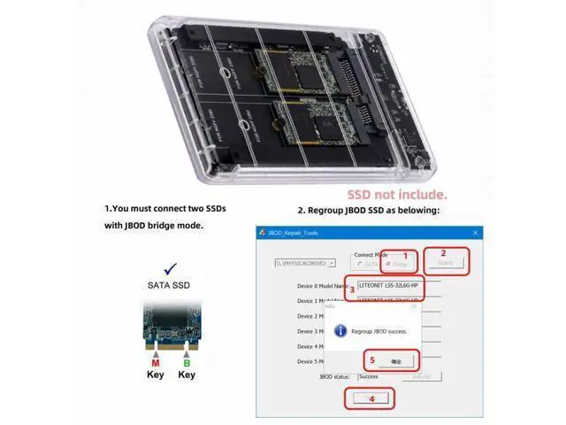 Alt view image 7 of 7 - Dual NGFF B+M-Key M.2 SSD Card JBOD Raid0 Span Bridge to USB3.0 Type-C USB-C 2.5inch SATA Combo Enclosure SA-031+UC-079-WH