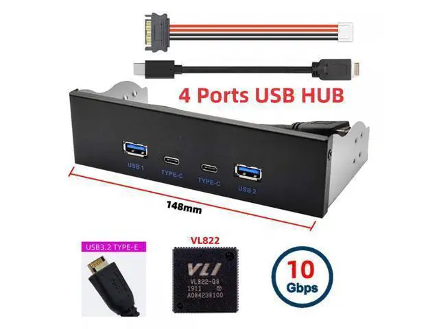 Alt view image 6 of 7 - 10Gbps USB 3.1 Type-A & Type-C HUB 4 Ports Front Panel to Motherboard Type-E Connector Cable 10Gbps for 5.25" CD-ROM Bay Tray U3-032-CF
