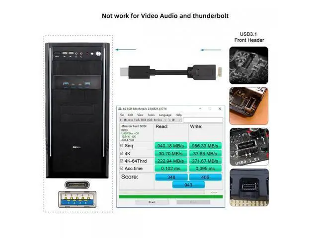 Alt view image 7 of 7 - 10Gbps USB 3.1 Type-A & Type-C HUB 4 Ports Front Panel to Motherboard Type-E Connector Cable 10Gbps for 5.25" CD-ROM Bay Tray U3-032-CF