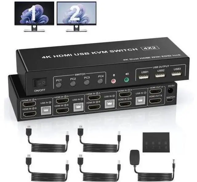 Main image of 4 Port HDMI Dual Monitor KVM Switch, Supports EDID, 4K 60Hz KVM Switch 2 Monitors 4 Computers, with Audio Microphone Output and 3 USB 2.0 Ports, PC Monitor Keyboard Mouse Switcher for 4 PCs