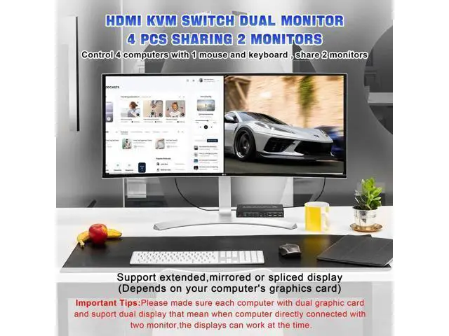 Alt view image 5 of 7 - 4 Port HDMI Dual Monitor KVM Switch, Supports EDID, 4K 60Hz KVM Switch 2 Monitors 4 Computers, with Audio Microphone Output and 3 USB 2.0 Ports, PC Monitor Keyboard Mouse Switcher for 4 PCs