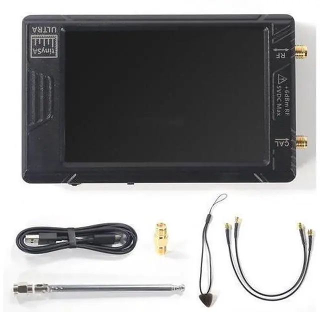 Main image of tinySA ULTRA handheld spectrum analyzer with 4-inch touch screen, capable of generating high-frequency output signals ranging from 100 kHz to 5.4 GHz.