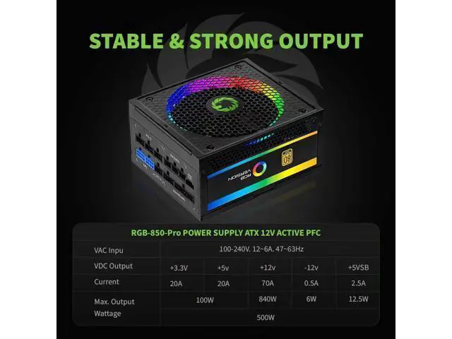 Alt view image 5 of 6 - GAMEMAX 850W Power Supply, Fully Modular, 80 Plus Gold, ARGB SYNC with Motherboard, RGB-850 Pro