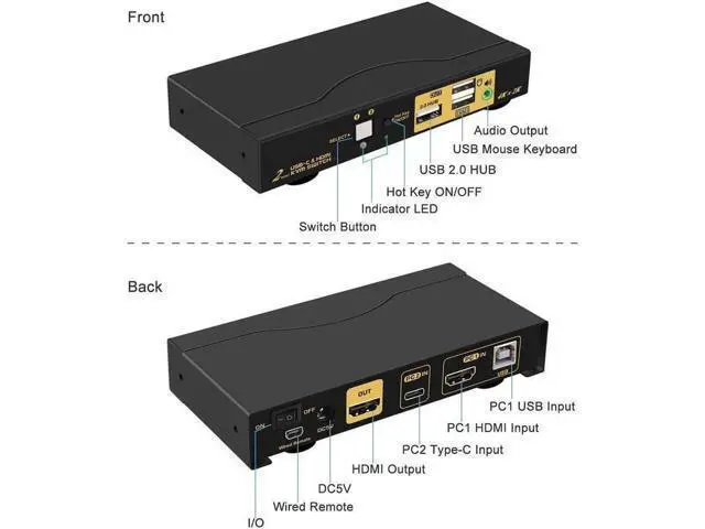 Alt view image 4 of 7 - wusu 4K@60Hz 2 Port KVM HDMI + USB-C with Audio and Cables, HDMI KVM Switch USB C for 2 Mac/Computers/Mobile Phone Sharing Monitor Keyboard Mouse