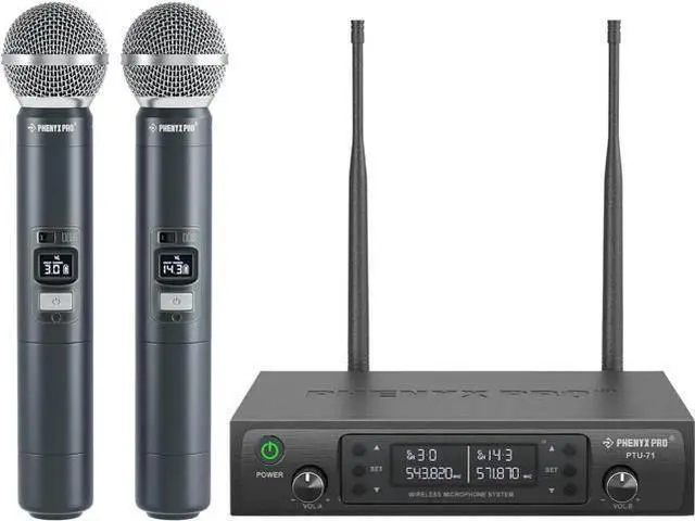 Main image of Phenyx Pro Wireless Microphone System, Dual Wireless Mics,w/ 2 Handhelds, Auto Scan,2x100 UHF Frequencies,328ft Range,Dynamic Microphone for Singing, Karaoke, Church(PTU-71-2H)