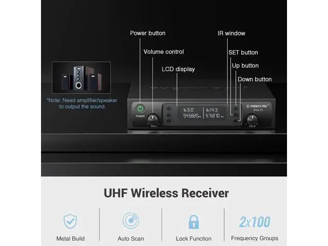Alt view image 4 of 7 - Phenyx Pro Wireless Microphone System, Dual Wireless Mics,w/ 2 Handhelds, Auto Scan,2x100 UHF Frequencies,328ft Range,Dynamic Microphone for Singing, Karaoke, Church(PTU-71-2H)