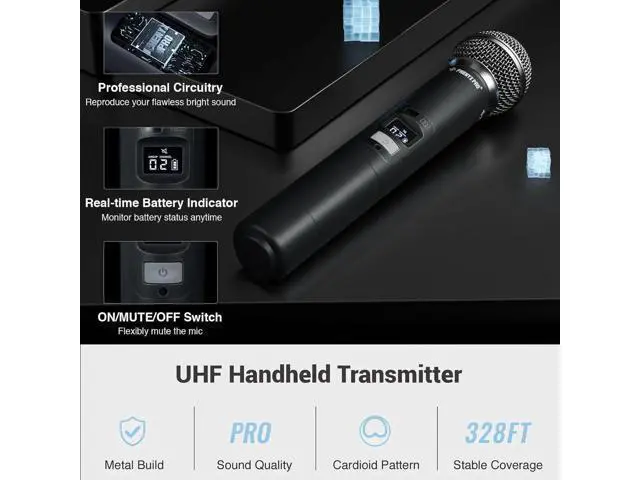 Alt view image 5 of 7 - Phenyx Pro Wireless Microphone System, Dual Wireless Mics,w/ 2 Handhelds, Auto Scan,2x100 UHF Frequencies,328ft Range,Dynamic Microphone for Singing, Karaoke, Church(PTU-71-2H)