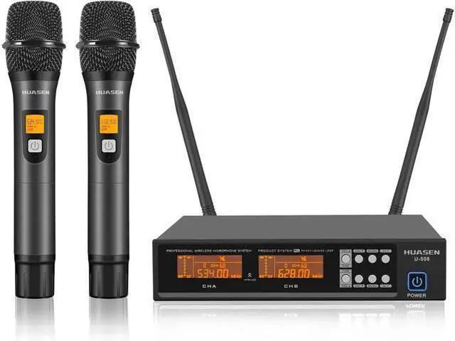 Main image of Wireless Microphone System,All Metal Dual Professional UHF Cordless Dynamic Mic Handheld Microphone System for Home Karaoke, Meeting, Party, Church, DJ, Wedding, for inandon Karaoke, 200ft HUASEN