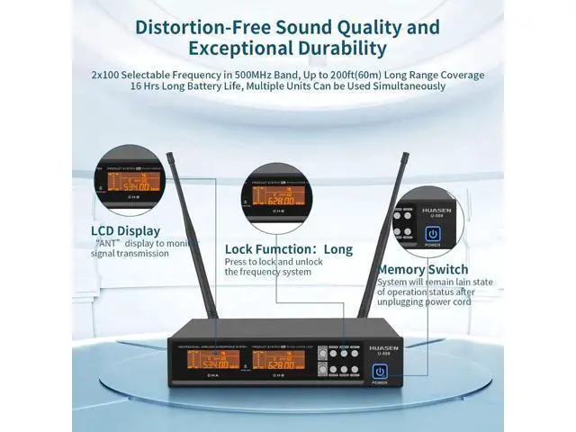 Alt view image 2 of 6 - Wireless Microphone System,All Metal Dual Professional UHF Cordless Dynamic Mic Handheld Microphone System for Home Karaoke, Meeting, Party, Church, DJ, Wedding, for inandon Karaoke, 200ft HUASEN