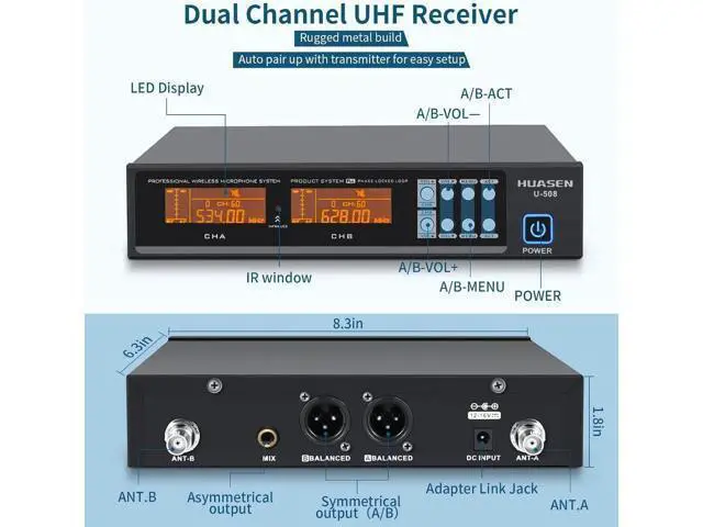 Alt view image 6 of 6 - Wireless Microphone System,All Metal Dual Professional UHF Cordless Dynamic Mic Handheld Microphone System for Home Karaoke, Meeting, Party, Church, DJ, Wedding, for inandon Karaoke, 200ft HUASEN