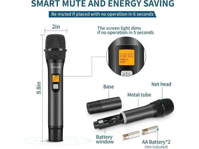 Alt view image 4 of 6 - Wireless Microphone System,All Metal Dual Professional UHF Cordless Dynamic Mic Handheld Microphone System for Home Karaoke, Meeting, Party, Church, DJ, Wedding, for inandon Karaoke, 200ft HUASEN