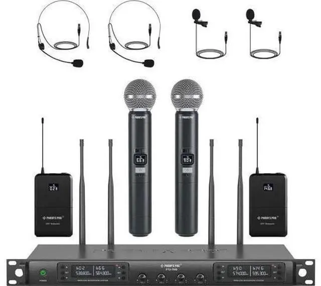 Main image of Phenyx Pro 4-Channel Wireless Microphone System w/Auto Scan, 4x40 UHF Frequencies, 2 Handheld Dynamic Mics, 2 Bodypacks & Headsets/Lapel Microphones for Singing, DJ, Church (PTU-7000-2H2B)