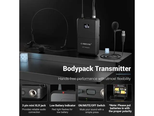 Alt view image 3 of 7 - Phenyx Pro 4-Channel Wireless Microphone System w/Auto Scan, 4x40 UHF Frequencies, 2 Handheld Dynamic Mics, 2 Bodypacks & Headsets/Lapel Microphones for Singing, DJ, Church (PTU-7000-2H2B)