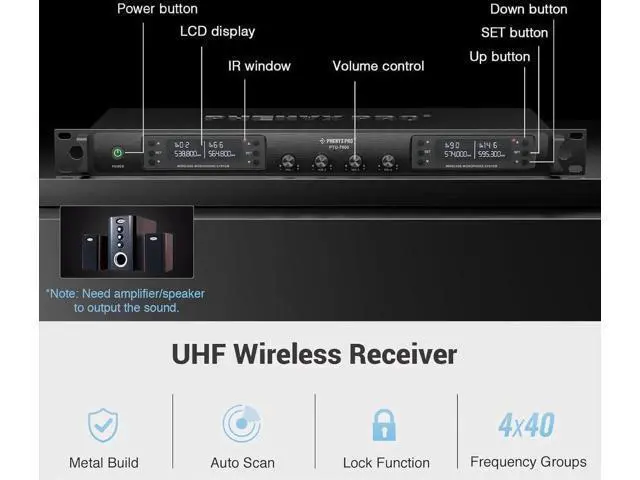 Alt view image 2 of 7 - Phenyx Pro 4-Channel Wireless Microphone System w/Auto Scan, 4x40 UHF Frequencies, 2 Handheld Dynamic Mics, 2 Bodypacks & Headsets/Lapel Microphones for Singing, DJ, Church (PTU-7000-2H2B)