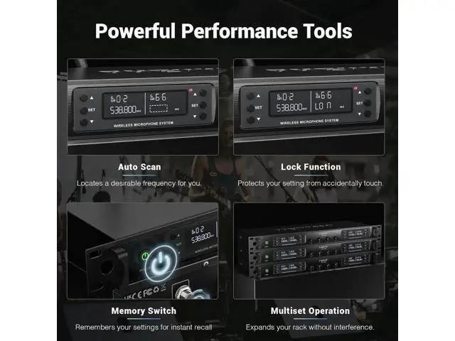 Alt view image 5 of 7 - Phenyx Pro 4-Channel Wireless Microphone System w/Auto Scan, 4x40 UHF Frequencies, 2 Handheld Dynamic Mics, 2 Bodypacks & Headsets/Lapel Microphones for Singing, DJ, Church (PTU-7000-2H2B)