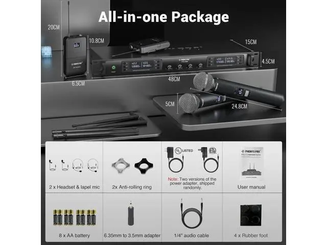 Alt view image 6 of 7 - Phenyx Pro 4-Channel Wireless Microphone System w/Auto Scan, 4x40 UHF Frequencies, 2 Handheld Dynamic Mics, 2 Bodypacks & Headsets/Lapel Microphones for Singing, DJ, Church (PTU-7000-2H2B)