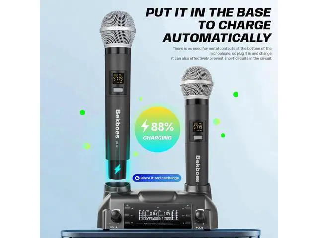 Alt view image 2 of 6 - Professional Dual Dynamic Handheld UHF Wireless Microphone System, Magnetic Inductive Wireless Charging, 165ft Range for Home Karaoke/Meeting/Party/Church/Wedding