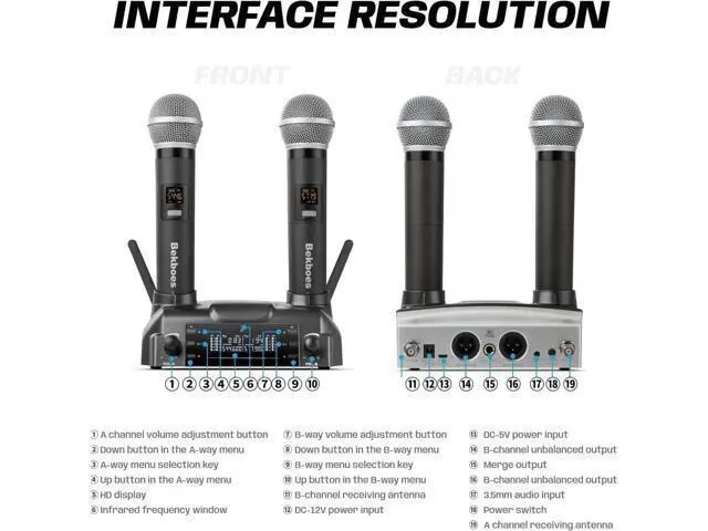 Alt view image 6 of 6 - Professional Dual Dynamic Handheld UHF Wireless Microphone System, Magnetic Inductive Wireless Charging, 165ft Range for Home Karaoke/Meeting/Party/Church/Wedding
