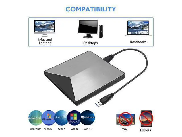 Alt view image 3 of 3 - External Aluminum Optical DVD Drive USB 3.0 CD DVD +/-RW Burner Rewriter Player For Laptop Desktop PC Support Windows Mac OS