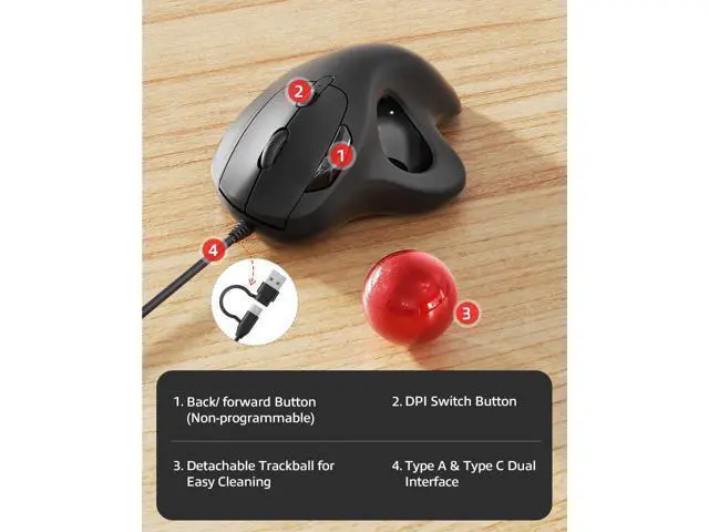 Alt view image 6 of 7 - M509 Trackball Mouse Wired, Ergonomic Design, Easy Thumb Control, Precise & Smooth Tracking, 2-in-1 Interface (Type A &Type C), Compatible for PC, Laptop, Mac, Windows(Red).