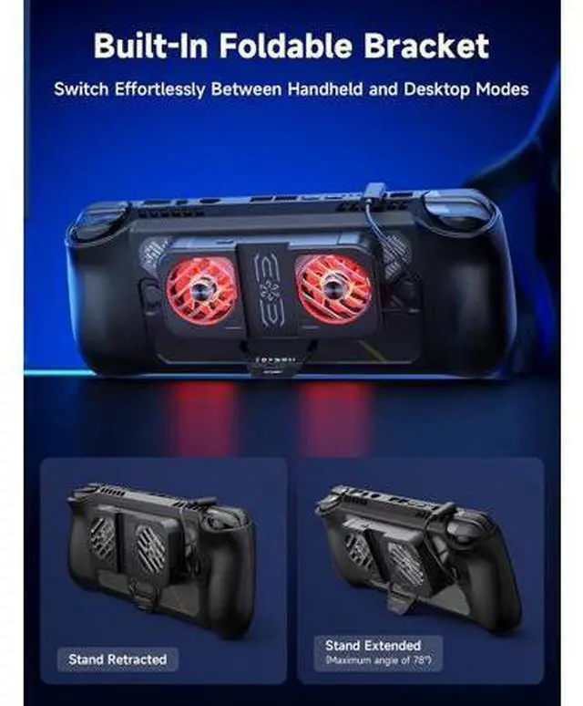 Alt view image 5 of 7 - Cooling Fan Compatible with JSAUX PC0111 ROG Ally X ModCase, Dual Silent RGB Fans for Heat Dispersion, with 65° Expandable Stand, USB-C Powered Game Console Cooler
