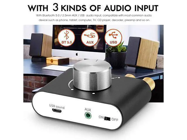 Alt view image 4 of 7 - Mini Bluetooth 5.0 Power Amplifier, Stereo Hi-Fi Digital Amp 2.0 Channel 50W×2 with AUX/USB/Bluetooth Input, Wireless Audio Receiver, PC Sound Card with Power Supply (Black)