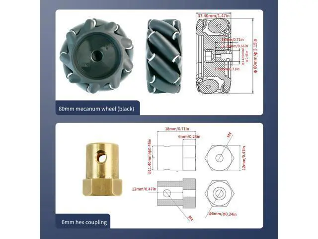 Alt view image 3 of 7 - Mecanum Wheel 65mm 80mm 97mm Omni Wheel with 6mm Hexagonal Metal Coupling Motor Connector Tire for AGV Smart Robot (80mm black mecanum wheel *4)