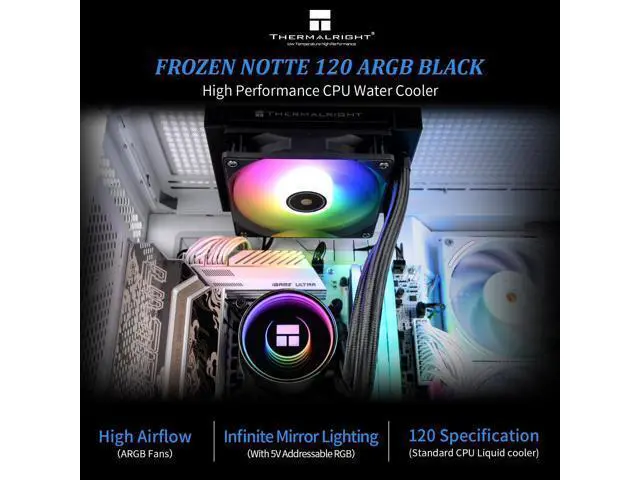 Alt view image 3 of 7 - Frozen Notte 120 ARGB Black Liquid CPU Cooler, 120mm PWM Fan with ARGB-Up to 2000RPM Speed, for AMD/AM4/AM5, Intel LGA1150/1151/1200/1700/1851,Black