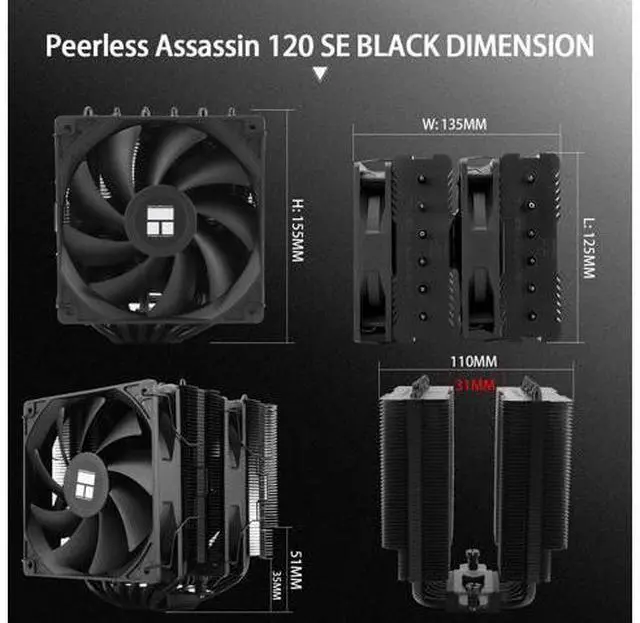 Alt view image 6 of 6 - Peerless Assassin 120 SE Black CPU Cooler, 6 Heat Pipes PC Cooling, Dual Towers and Dual PWM Fans, Computer CPU Air Cooling for AMD:AM4 AM5&Intel LGA1150/1151/1200/1700/1851,Black