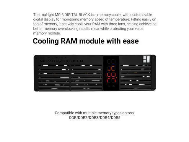 Alt view image 6 of 7 - MC-3 Digital Black RAM Cooling, ARGB Digital Display Screen Intelligent Temperature Color Change, Easy Installation,Universal Across All PC Platforms, Black