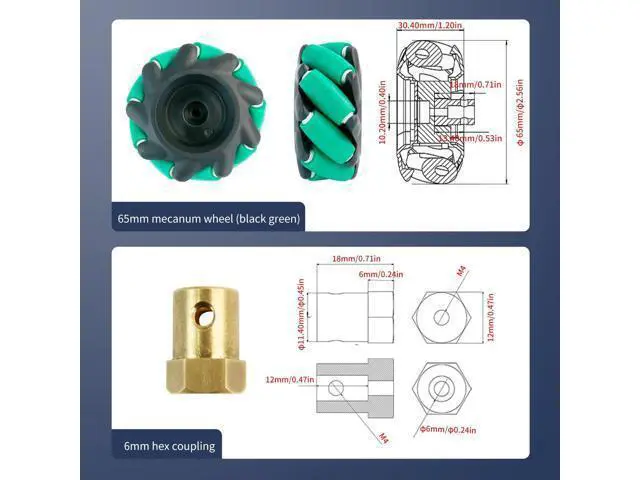 Alt view image 2 of 7 - Mecanum Wheel 65mm Omni Wheel with 6mm Hexagonal Metal Coupling Motor Connector Tire for AGV Smart Robot (65mm black-green mecanum wheel *4)